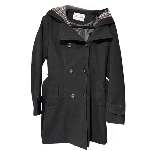 MaxMara Black Wool Blend Double-Breasted Plaid Lined Hooded Coat Size XL - Picture 3 of 9